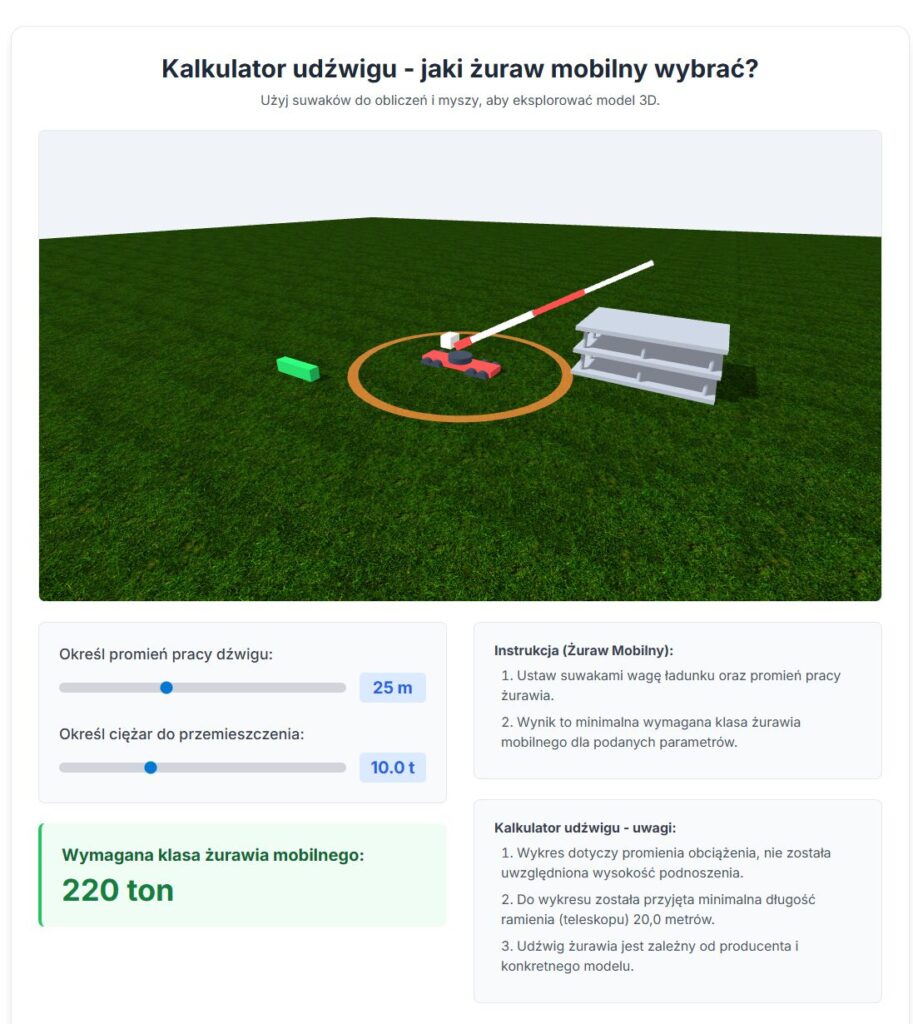 Kalkulator udźwigu żurawia mobilnego 3D