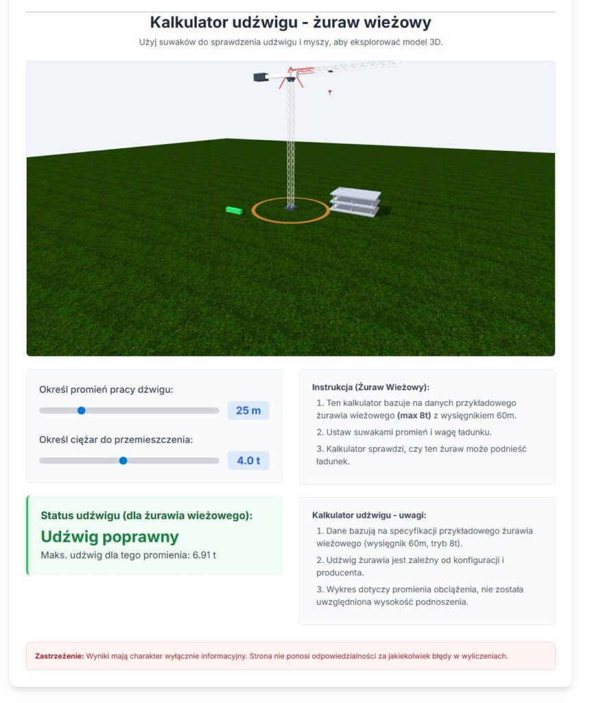 Kalkulator udźwigu żurawia wieżowego 3D