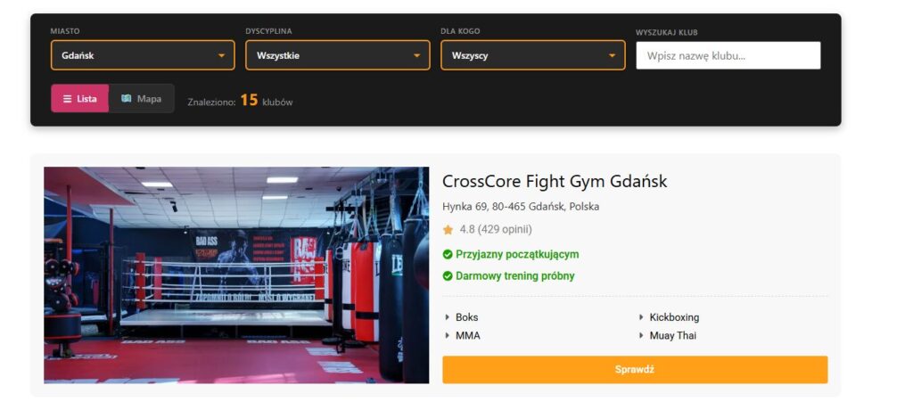 Wyszukiwarka klubów sportowych – listing wyników